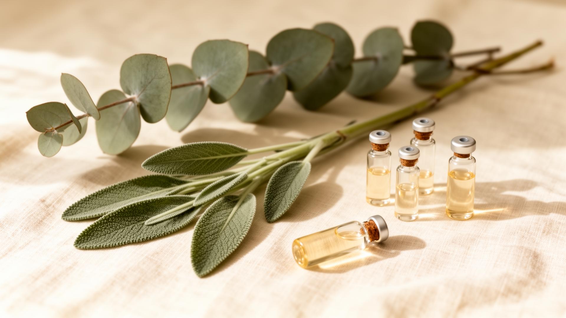 Sage leaves and homeopathic remedy vials on warm linen